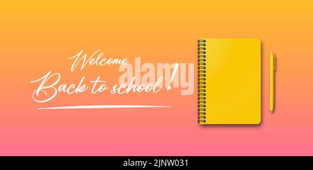 Back to school. Holiday for students. Vector banner concept with notebook and pen on autumn background. Small handwritten text back to school. Place f Stock Vector