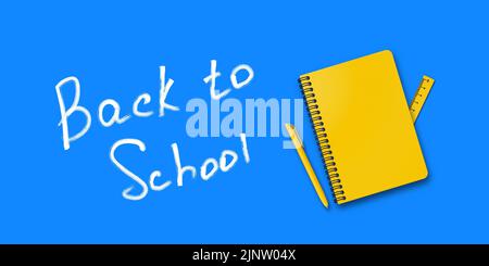 Back to school. Holiday for students. Small handwritten text back to school. Place for text. Education poster. Vector banner concept with notebook and Stock Vector