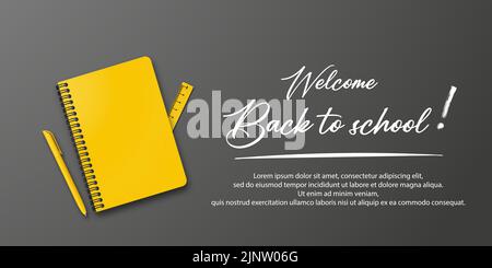 Holiday for students. Back to school. Vector banner concept with notebook and pen on black background. Place for text. Education poster. Small handwri Stock Vector