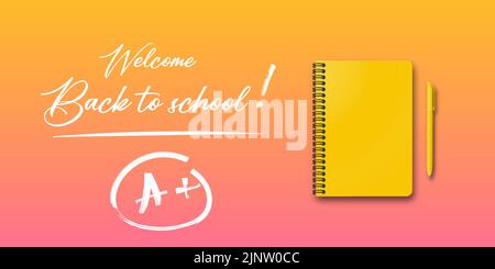 Back to school. Holiday for students. Vector banner concept with notebook and pen on autumn background. Small handwritten text back to school. Place f Stock Vector