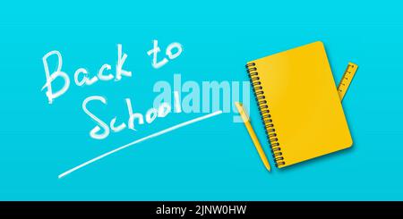 Back to school. Holiday for students. Vector banner concept with notebook and pen on turquoise or light blue background. Small handwritten text back t Stock Vector