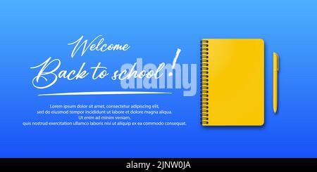 Back to school. Holiday for students. Small handwritten text back to school. Place for text. Education poster. Vector banner concept with notebook and Stock Vector