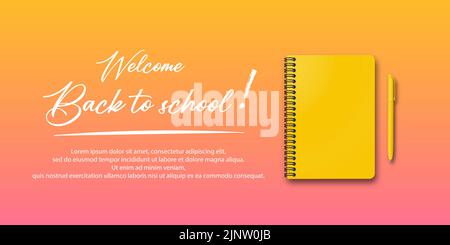 Back to school. Holiday for students. Vector banner concept with notebook and pen on autumn background. Small handwritten text back to school. Place f Stock Vector