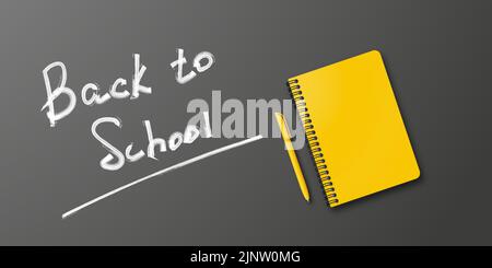 Holiday for students. Back to school. Vector banner concept with notebook and pen on black background. Place for text. Education poster. Small handwri Stock Vector