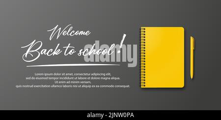 Holiday for students. Back to school. Vector banner concept with notebook and pen on black background. Place for text. Education poster. Small handwri Stock Vector