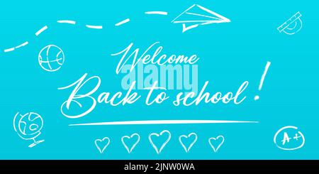 Welcome back to school. Holiday for students. Small handwritten text back to school. Place for text. Vector banner concept with notebook or note pad a Stock Vector