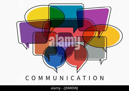 Vector illustration of a communication concept. The word communication with colorful dialog speech bubbles. Message question concept. Stock Vector