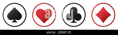 Set of black and red signs of suit icons for playing poker or casino. Heart, spade, club and diamond. Vector illustration isolated on white background Stock Vector