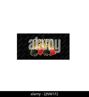 Poker tournament banner. Poker logo with playing card suit chips. Clubs, diamonds, spades, hearts on a black background. Vector illustration. Stock Vector