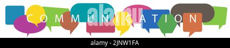 Vector illustration of a communication concept. The word communication with colorful dialog speech bubbles. Message question concept. Stock Vector