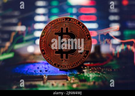 Blockchain technology bitcoin mining concept. Bitcoin golden coin on computer circuit board. banner copy space Stock Photo