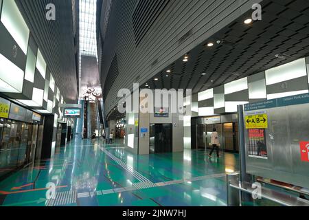 View of platforms of the Stadium MRT Station along the Circle Line, Singapore Stock Photo