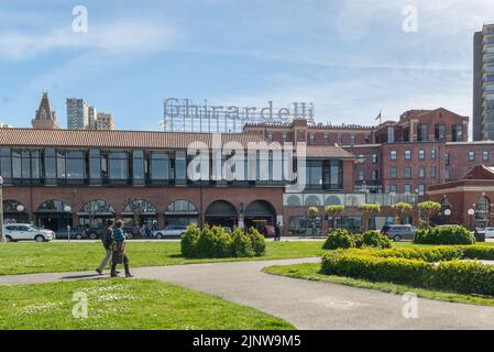 SAN FRANCISCO, CALIFORNIA - MARCH 31, 2019: Ghirardelli Square sign above the famous chocolate factory at Fisherman's Wharf. San Francisco is the 13th Stock Photo