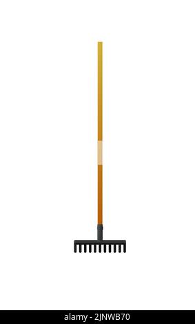 Rake with wooden handle. Agricultural rural garden tool. Isolated on white background. Vector Stock Vector