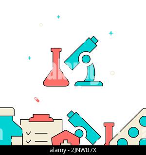Microscope, analyzes filled line vector icon, simple illustration, related bottom border. Stock Vector