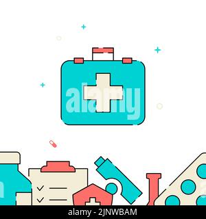 Doctor suitcase filled line vector icon, simple illustration, related bottom border. Stock Vector