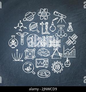 Chalkboard round poster with science elements. Vector illustration. Stock Vector