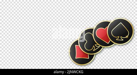Hearts diamonds clubs spades sign realistic chips. Glossy playing card suit symbols with gold border. Vector illustration card sign on transparent bac Stock Vector