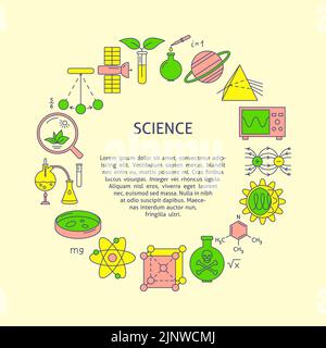 Science round banner in colored line style. Poster template with scientific elements and place for text. Vector illustration. Stock Vector