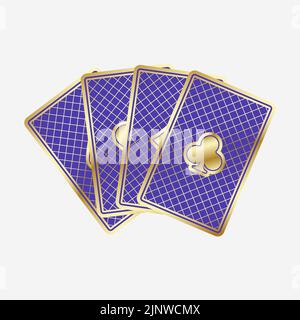 Fan four colorful playing cards with with gold trim. The backside cards are purple or lilac or pink. Vector illustration on a white background. Stock Vector