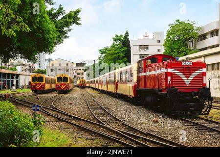 July 15, 2022: Alishan Forest Railway Garage Park, a railway workshop of Alishan Forest Railway in Chiayi, Taiwan, displays various display of trains Stock Photo