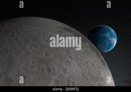 Earth view from Moon in the solar system - 3d illustration, closeup view Stock Photo