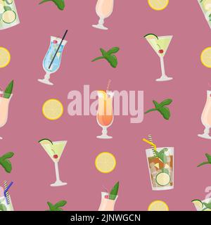 Summer alcoholic drinks seamless pattern, tropical cocktails. Flat vector illustration. Stock Vector
