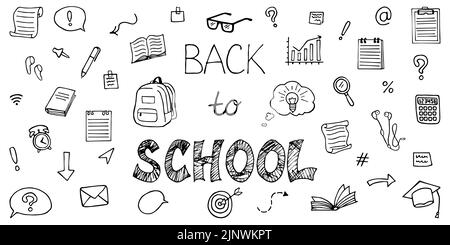 The inscription Back to school. Black lettering with set of hand drawn icons. Vector illustration in doodle style isolated on white background Stock Vector