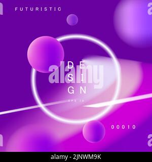 abstract background poster with neon circle and 3d spheres, pink and violet colors Stock Vector