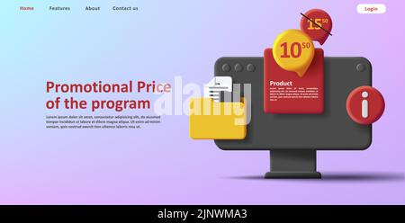 3d illustration of computer with folder icon with price sale bubble, subscription discount Stock Vector