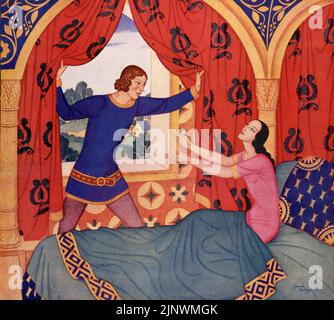 'The Wife of Bath’s Tale of the Amorous Knight' published Sept.6, 1942 in the American Weekly Sunday magazine painted by Edmund Dulac. Stock Photo