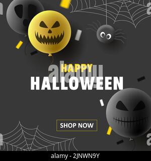 Halloween card with 3d balloons with scary faces and spiders Stock Vector