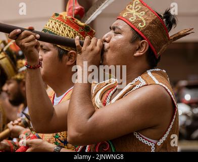 Central Kalamantan, Indonesia, May 20, 2022 - Men competing in blow gun competition. Stock Photo