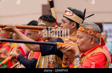 Central Kalamantan, Indonesia, May 20, 2022 - Men competing in blow gun competition. Stock Photo