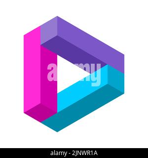 Impossible triangle shape. Colorful geometric triangular object. Stylized play button. Letter D logo template. Optical illusion made of rectangles. 3D Stock Vector
