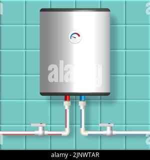 Plastic pipes for hot and cold water with a boiler and valves. Front view, vector illustration. Stock Vector
