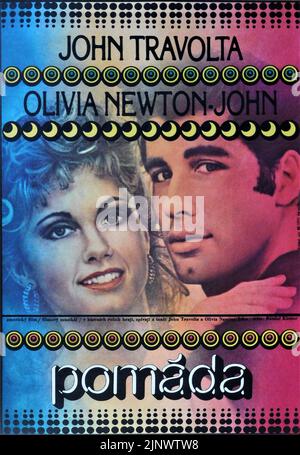Czech Poster for JOHN TRAVOLTA and OLIVIA NEWTON-JOHN in GREASE 1978 director RANDAL KLEISER based on the musical by Jim Jacobs and Warren Casey A Robert Stigwood / Allan Carr Production / Paramount Pictures Stock Photo
