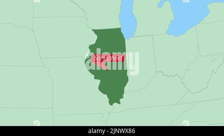 Map of Illinois with pin of country capital. Illinois Map with neighboring countries in green color. Stock Vector