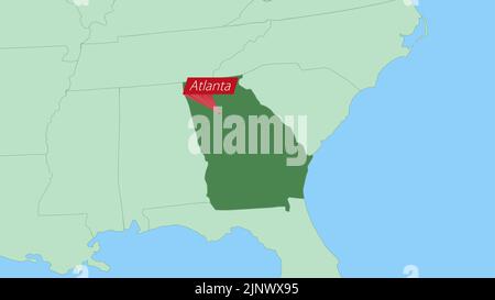 Map of Georgia with pin of country capital. Georgia Map with neighboring countries in green color. Stock Vector