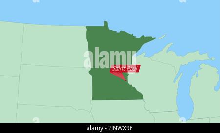 Map of Minnesota with pin of country capital. Minnesota Map with neighboring countries in green color. Stock Vector