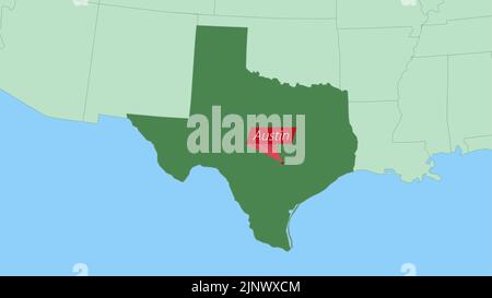Map of Texas with pin of country capital. Texas Map with neighboring countries in green color. Stock Vector