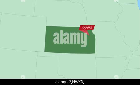 Map of Kansas with pin of country capital. Kansas Map with neighboring countries in green color. Stock Vector
