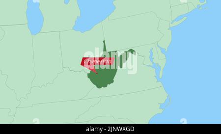 Map of West Virginia with pin of country capital. West Virginia Map with neighboring countries in green color. Stock Vector