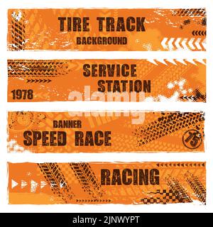Tire track grunge orange banners set Stock Vector