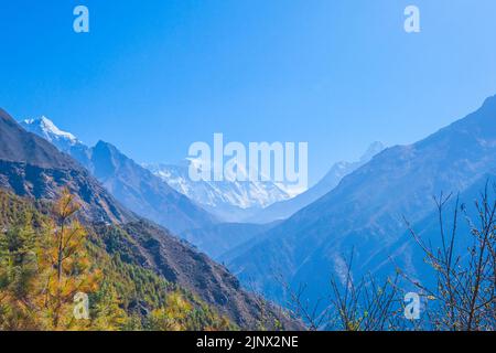 view of Ama Dablam and Himalayan Mountains from Nangkar Tshang View Point, Dingboche, Sagarmatha national park, Everest Base Camp 3 Passes Trek, Nepal Stock Photo