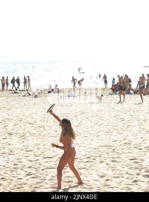 Playing Matkot ( paddle ball ) on the beach in Tel-Aviv, Israel. Stock Photo