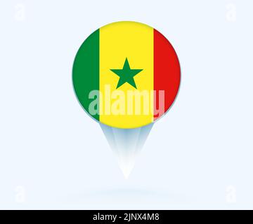 Map pointer with flag of Senegal. Vector flag sign on blue background. Stock Vector