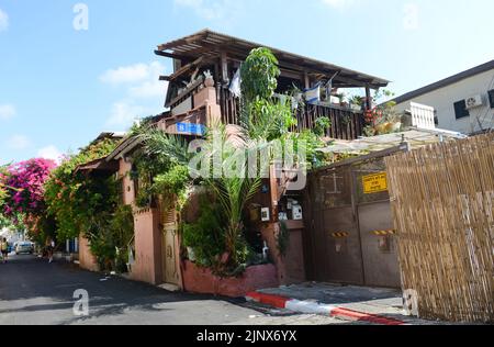 Walking through the narrow streets of the historical Neve Tzedek neighborhood in Tel-Aviv, Israel. Stock Photo