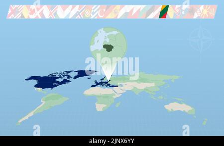 Lithuania member of North Atlantic Alliance selected on perspective World Map. Flags of 30 members of alliance. Vector illustration. Stock Vector