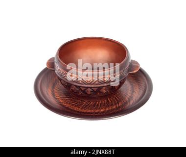 Brown ceramic rustic bowl and a plate isolated on white background Stock Photo